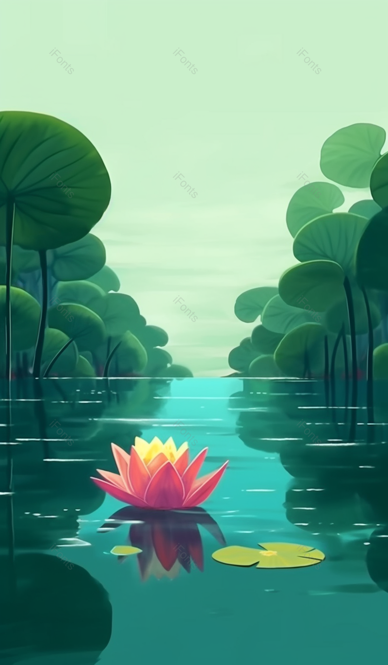 唯美绿色夏至池塘的荷花风景清新插画背景,插画/手绘图,插画/手绘图库,插画/手绘图下载,插画/手绘